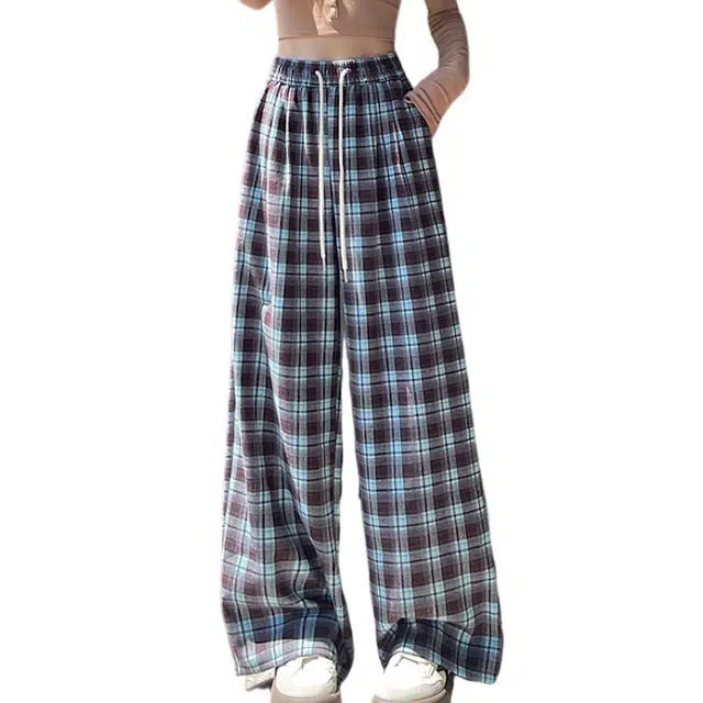 荟萃阁 磨毛格子阔腿裤女老钱风百搭宽松显瘦垂感拖地裤休闲裤 女款