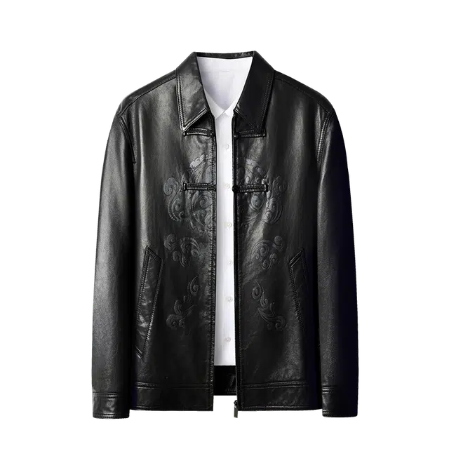 太子龍 秋冬季真皮中老年翻领印花盘扣山羊皮皮衣 男款
