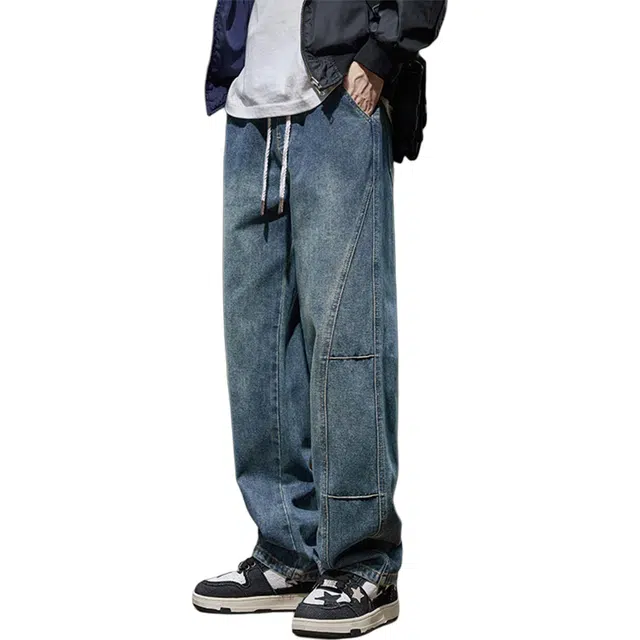 瑞梵帝斯 美式复古高街阔腿时尚织唛设计高腰显瘦显腿长春秋季宽松慵懒风日常出街百搭款轻松拿捏松弛感穿搭牛仔裤 男款