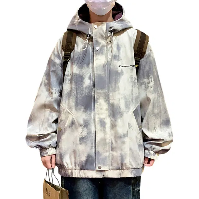 顶峰保罗 美式扎染字母印花翻领长袖机车连帽外套直筒休闲复古工装上衣宽松加肥加大简约百搭高街无性别主义潮牌飞行员夹克 男女同款