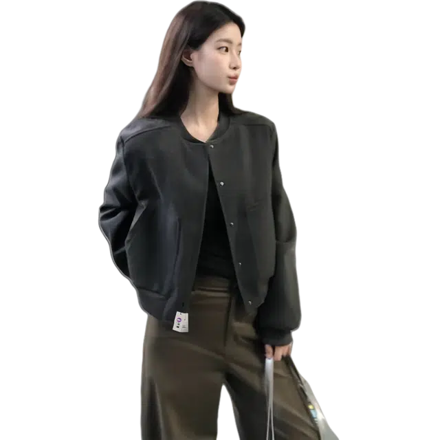 识恩 复古灰色短款棒球服外套设计感小众宽松休闲上衣夹克 女款