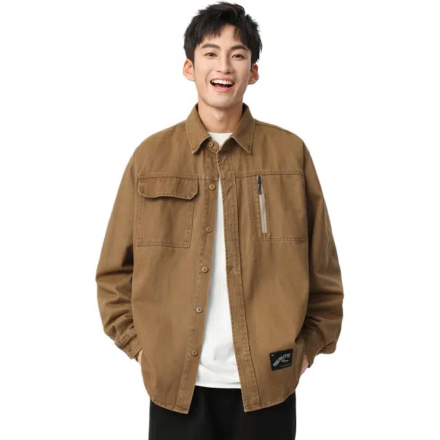 米素力 宽松纯棉美式工装纯色落肩袖长袖衬衫 男女同款