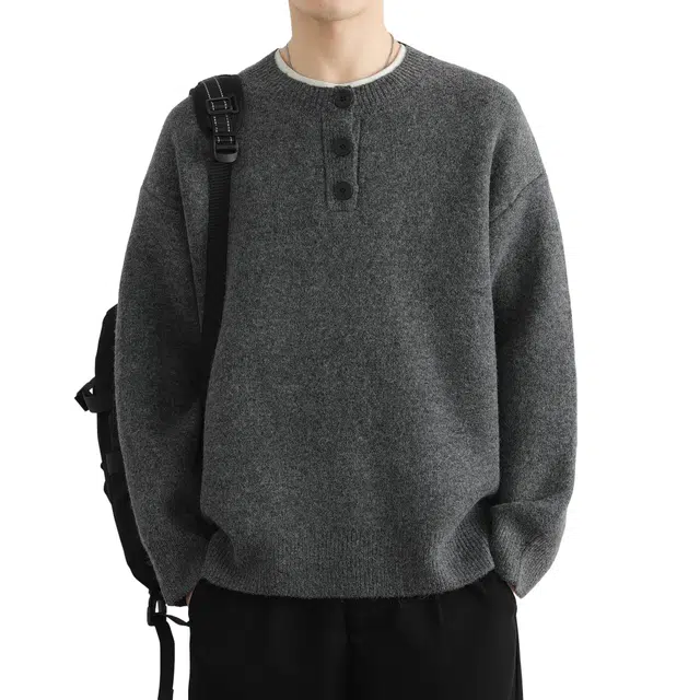 北欧攻略 美式基础款圆领简约通勤内搭打底上衣慵懒风帅气休闲三粒扣纯色长袖高级感针织衫 男女同款