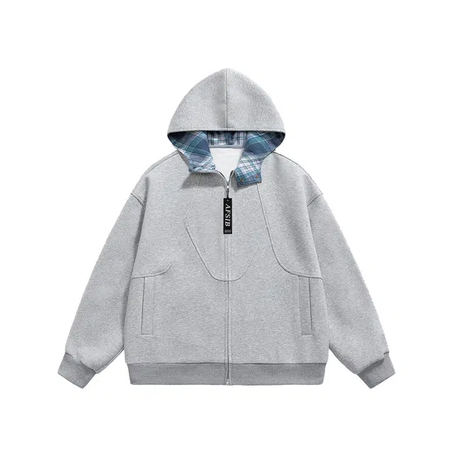 艾梵斯贝 美式复古潮流重磅格子拼接简约设计款无性别日常通勤百搭高级感宽松休闲时尚高街风潮酷情侣款卫衣 男女同款