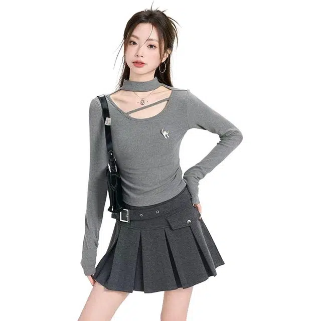 识恩 韩系辣妹挂脖打底衫女秋高级感修身长袖内搭上衣显瘦针织衫 女款