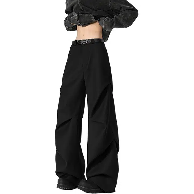 【褶皱弯刀工装裤】布客行 美式高街复古港风老钱高级垂感拖地百搭设计感纯色痞帅印花运动宽松微喇叭早秋长裤子休闲裤 男女同款