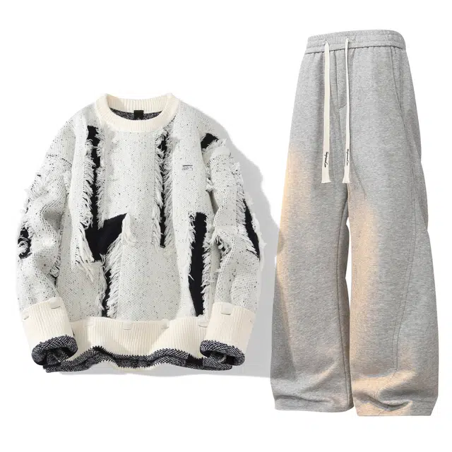 吾皇猫 美式高街潮牌流苏破碎撞色设计时尚百搭直筒阔腿裤舒适一整套穿搭休闲运动套装 男女同款