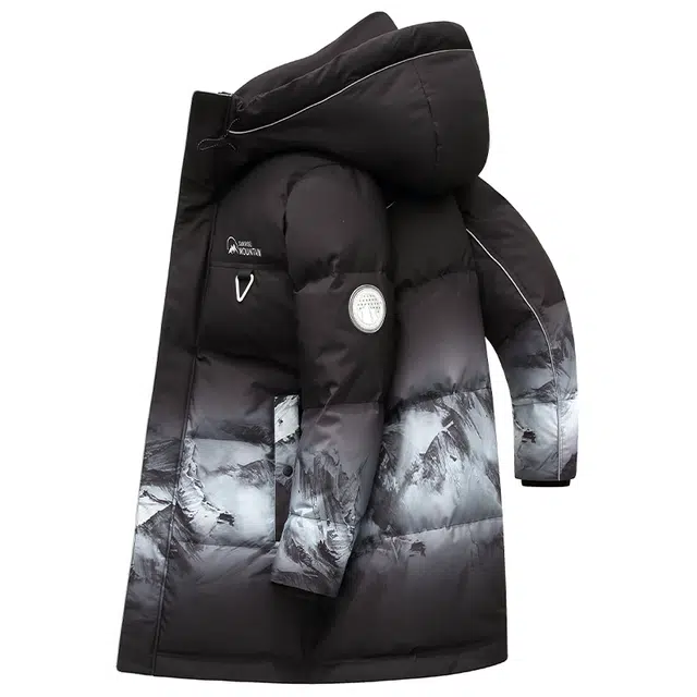 鸭鸭 雪山渐变迷彩系列 情侣中长款户外保暖连帽韩版休闲宽松潮流羽绒服 男女同款