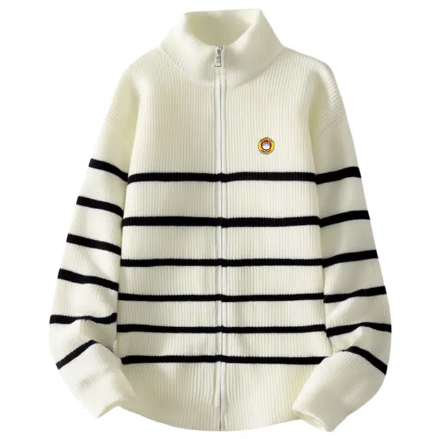 吾皇猫 原创美式复古高街简约基础款学院风立领开衫上衣慵懒风时尚贴布秋冬季宽松休闲外套潮流潮牌百搭痞帅条纹长袖毛衣 男女同款