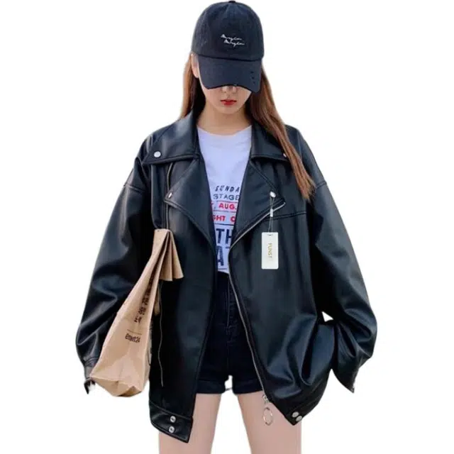 丝絮丝绸 秋冬季时尚宽松机车风外套皮衣 女款