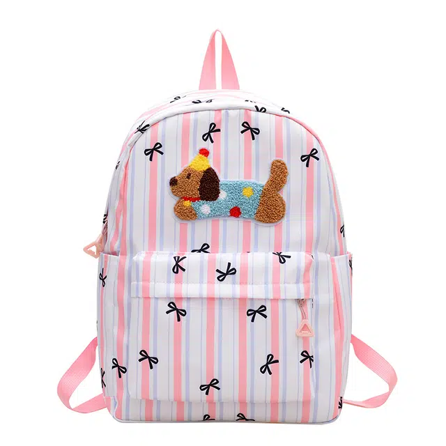 單倉 可爱条纹蝴蝶结腊肠狗小清新设计学院风背包初高中学生大容量轻便耐磨书包 尼龙 双肩包 常规 女款 粉色/蓝色/黑色