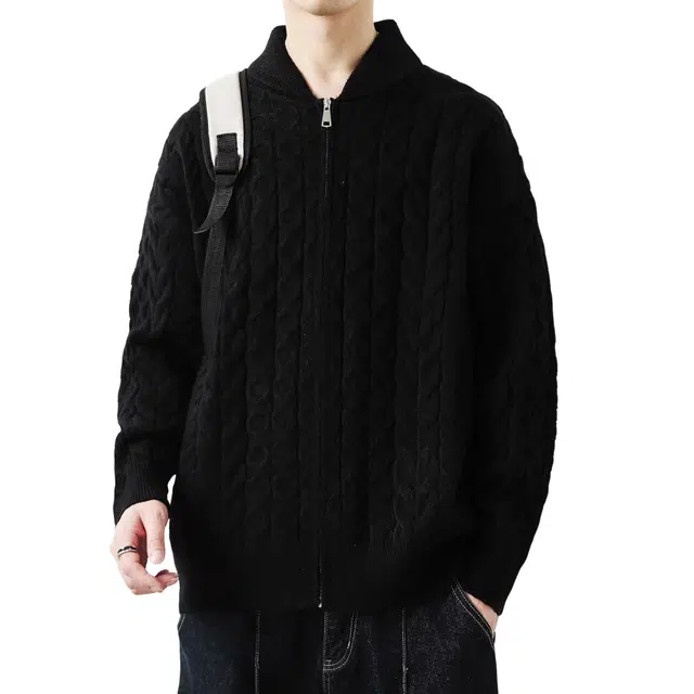 北欧攻略 美式复古风纯色棒球领百搭拉链开衫外套休闲运动通勤麻花纹简约秋冬潮流保暖宽松设计感针织衫 男女同款