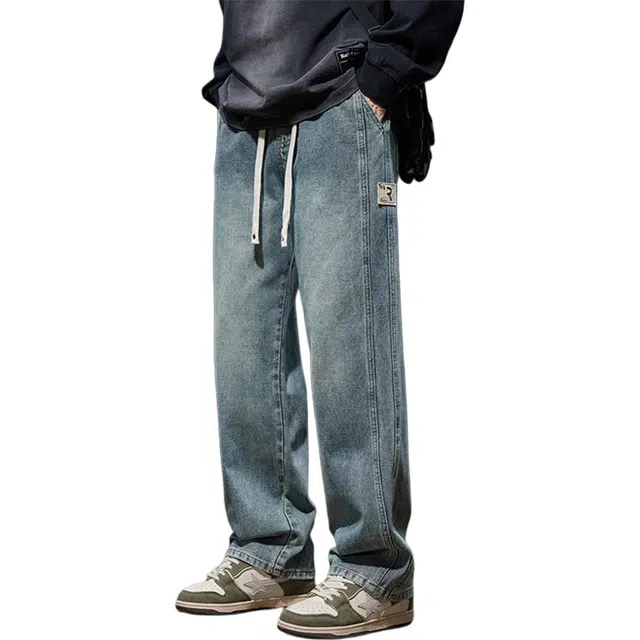 瑞梵帝斯 美式复古高街阔腿抽绳腰头潮流贴标宽松直筒柔软舒适亲肤慵懒松弛日常出街穿搭适配度拉满感拿捏时尚牛仔裤 男款