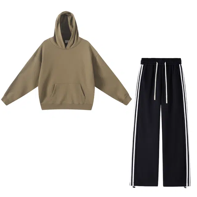 北欧攻略 美式复古学院风基础款舒适透气简约百搭多巴胺色系落肩连帽上衣纯色宽松中腰系带垂感直筒长裤卫衣套装 男女同款