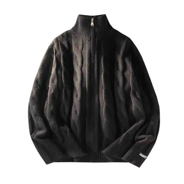 暴走的萝莉 美式街头潮流简约基础款纯色麻花纹品牌车标休闲宽松柔软舒适透气保暖长袖开衫立领毛衣 男女同款