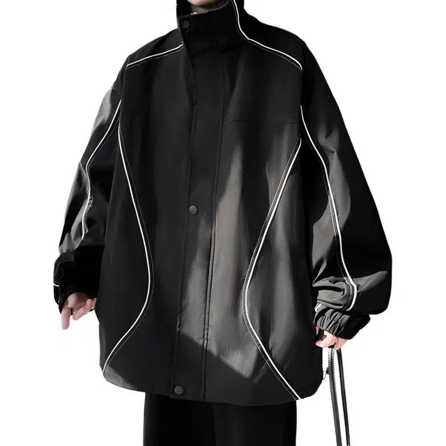 冈哉 美式复古明线装饰设计拼接冲锋户外宽松痞帅个性潮流潮牌时尚慵懒感日常通勤柔软舒适亲肤运动夹克 男女同款