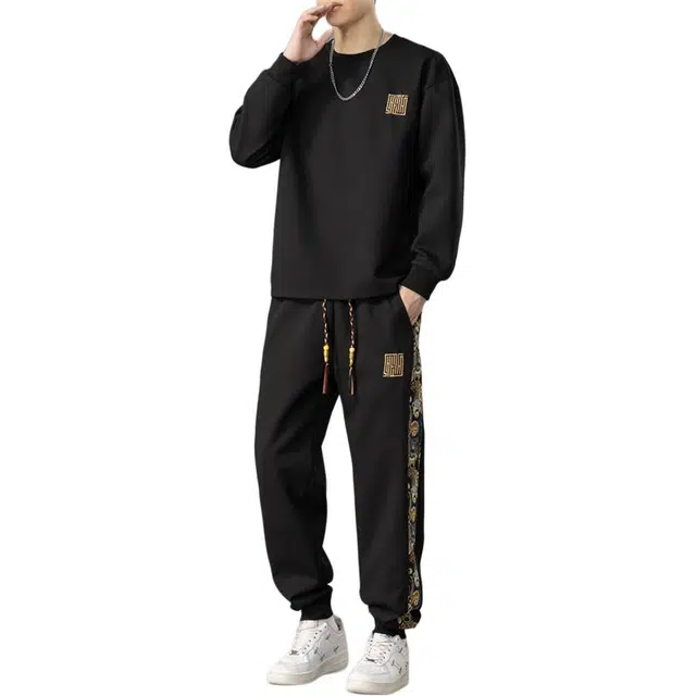 顶峰保罗 新中式宽松休闲加绒加厚圆领上衣束脚卫裤帅气搭配一套青少年秋冬穿搭痞帅运动卫衣套装 男女同款