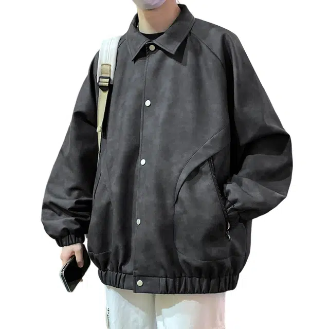 顶峰保罗 美式复古纯色休闲工装飞行员翻领长皮衣无性别主义直筒宽松百搭潮牌高街夹克外套 男女同款