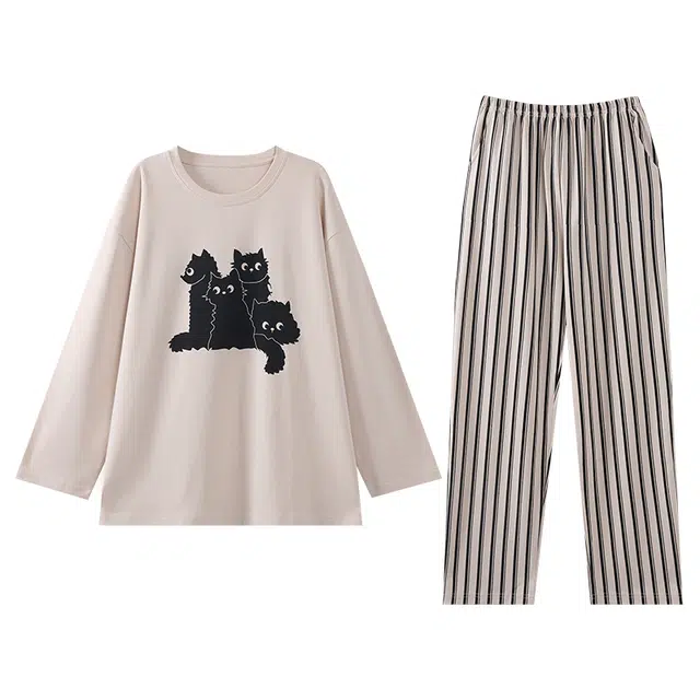 都市丽人 舒适炸毛小猫纯棉圆领家居服亲肤休闲长袖条纹长裤可外穿睡衣套装 女款