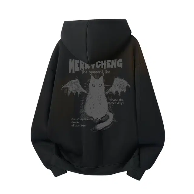 美力城 美式高街复古线条猫咪字母印花校园百搭户外通勤亲肤舒适宽松休闲长袖落肩套头重磅华棉连帽卫衣 男女同款