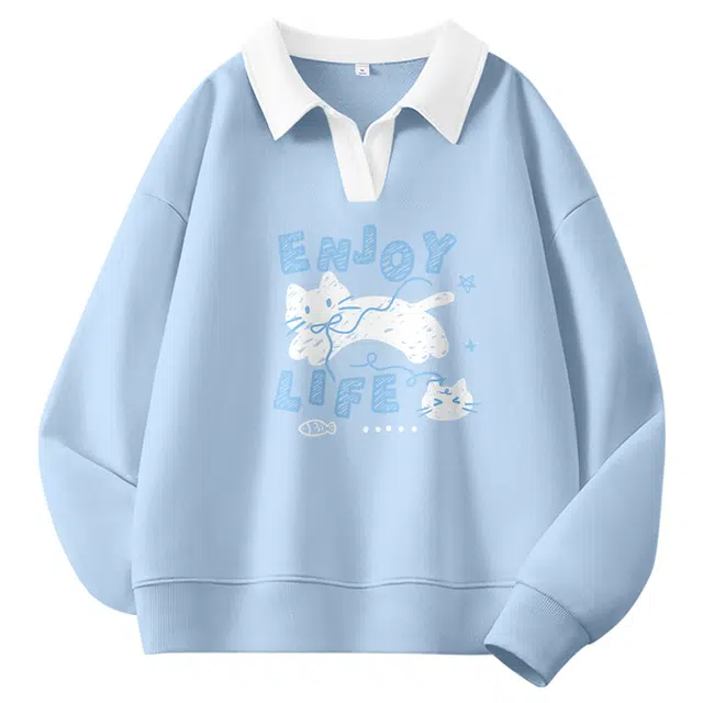 棉致 潮流创意个性百搭猫咪字母卡通翻领撞色学院风柔软舒适亲肤宽松长袖卫衣 女款