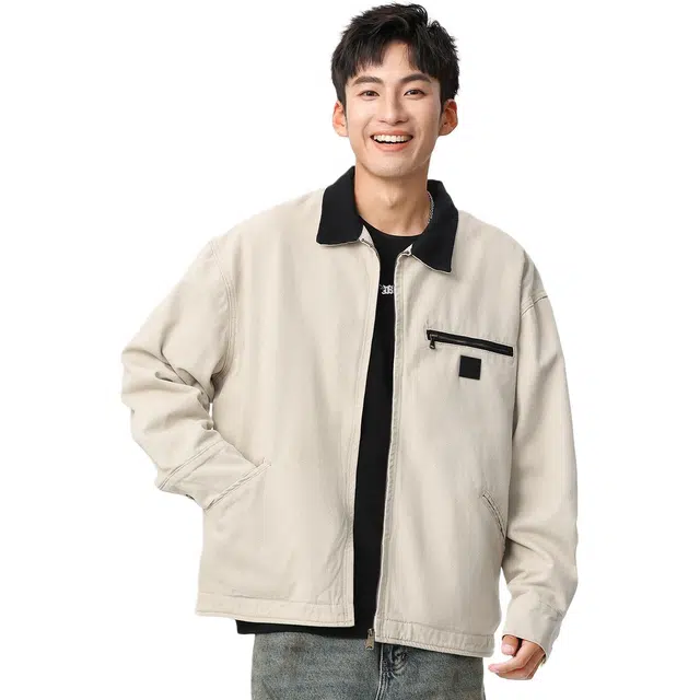 米素力 复古工装外套拼色落肩袖宽松型夹克 男女同款