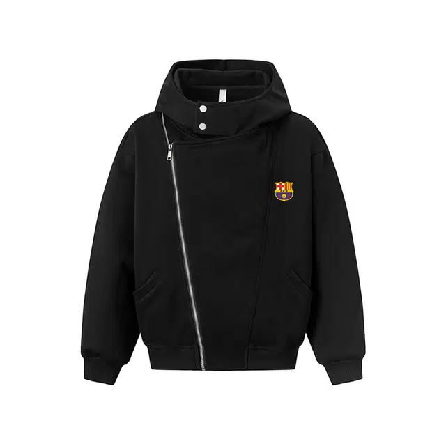 巴塞罗那足球俱乐部 美式复古高街斜拉链不规则小众设计宽松百搭休闲时尚连帽开衫卫衣 男女同款