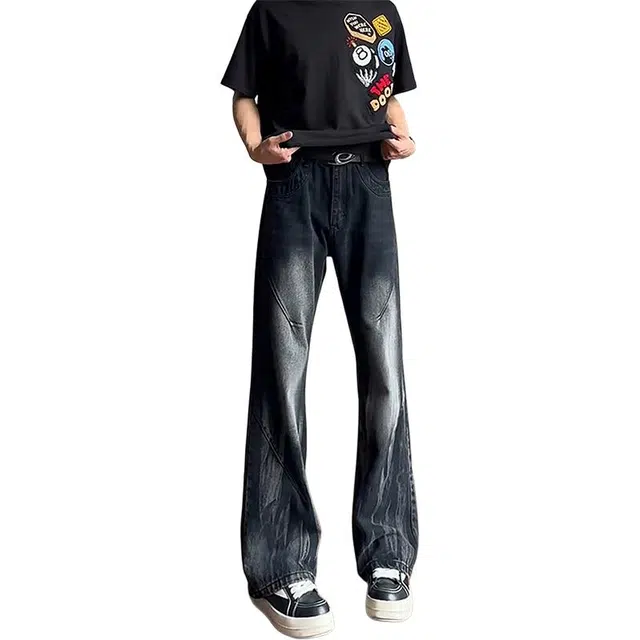 单爵 水洗扎染微喇裤男秋季美式高街提裆弯刀裤子牛仔裤 男女同款