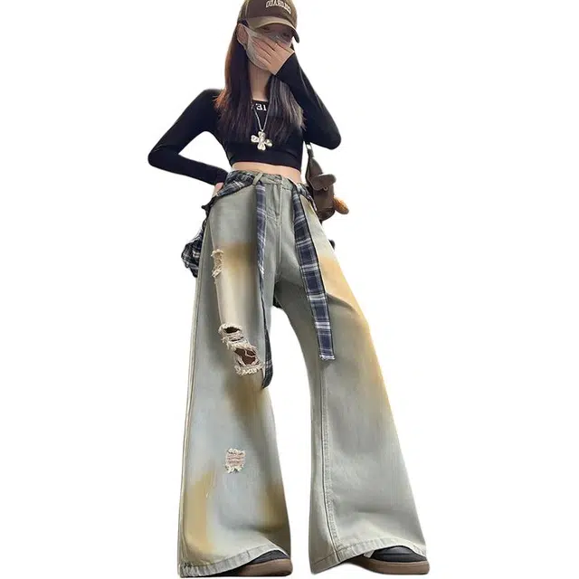 么宁 破洞美式高街复古阔腿裤屁帘直筒垂感裤子牛仔裤 女款