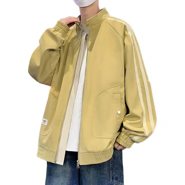 顶峰保罗 美式条纹拼接潮牌纯色飞行员翻领长袖机车外套无性别主义直筒休闲运动复古工装上衣宽松加肥加大简约百搭高街夹克 男女同款