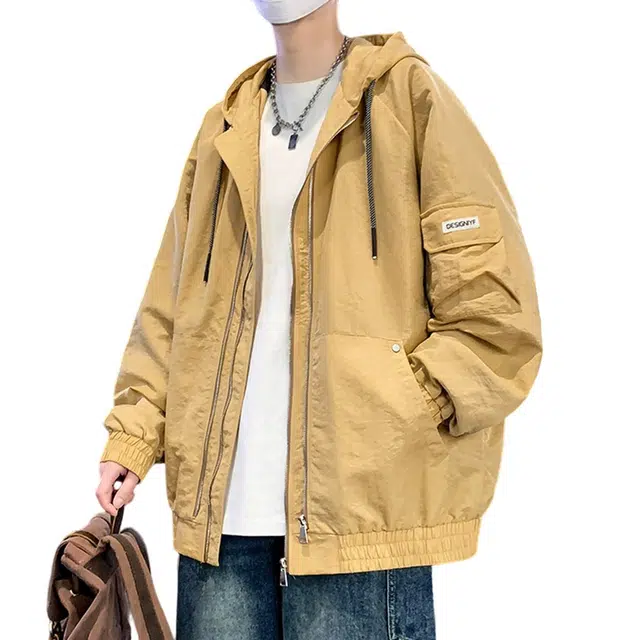 顶峰保罗 美式潮牌纯色飞行员翻领长袖机车连帽外套无性别主义直筒休闲运动复古工装上衣宽松加肥加大简约百搭高街夹克 男女同款