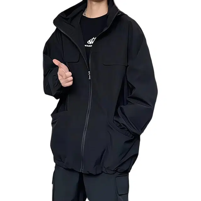 冈哉 美式复古性暗格纹立领连帽宽松痞帅个性潮流潮牌时尚日常通勤舒适亲肤户外机车夹克 男女同款