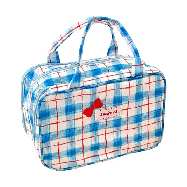 几多萌蓝白格纹韩系 高颜值三层化妆包少女心百搭手提洗漱包大容量多分区便携旅行收纳包化妆包/洗漱包