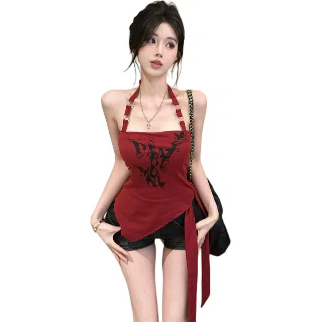 梨九九 美式印花辣妹挂脖露背背心吊带 女款