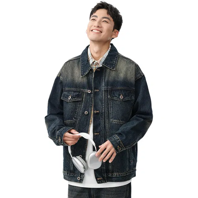 米素力 重工解构男士渐变落肩袖长袖翻领宽松型牛仔外套 男女同款