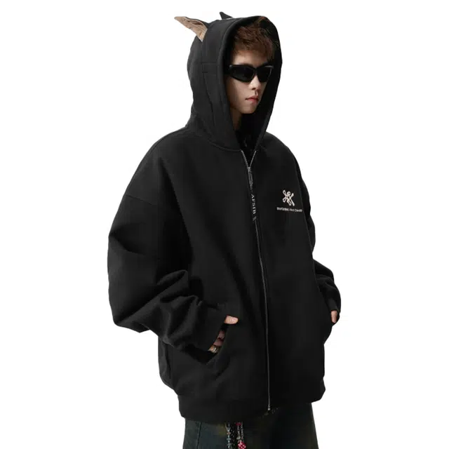 艾梵斯贝 美式复古潮流杜宾耳帽十字架印花小众设计款日常通勤百搭高街风潮酷宽松休闲时尚个性街头高级感连帽开衫卫衣 男女同款