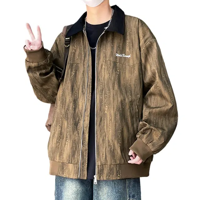 顶峰保罗 美式扎染字母印花潮牌飞行员翻领长袖机车外套无性别主义直筒休闲复古工装上衣宽松加肥加大简约百搭高街加绒加厚夹克 男女同款