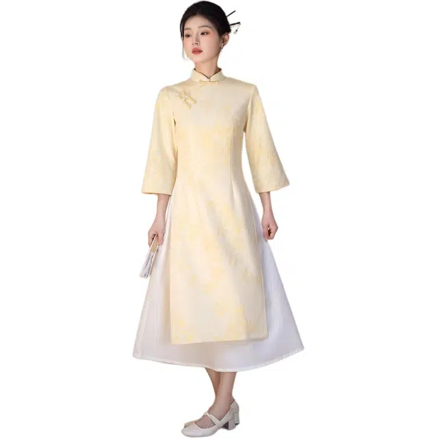 沐晓欣 年轻款麂皮绒改良奥黛旗袍女秋季日常装长袖连衣裙 女款