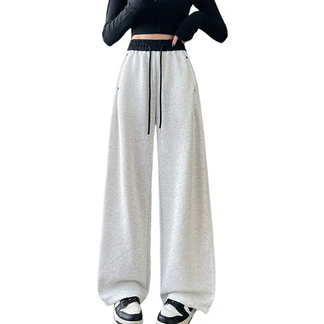 荟萃阁 撞色拼接腰头阔腿裤宽松百搭直筒运动卫裤学院风弯刀休闲裤 女款