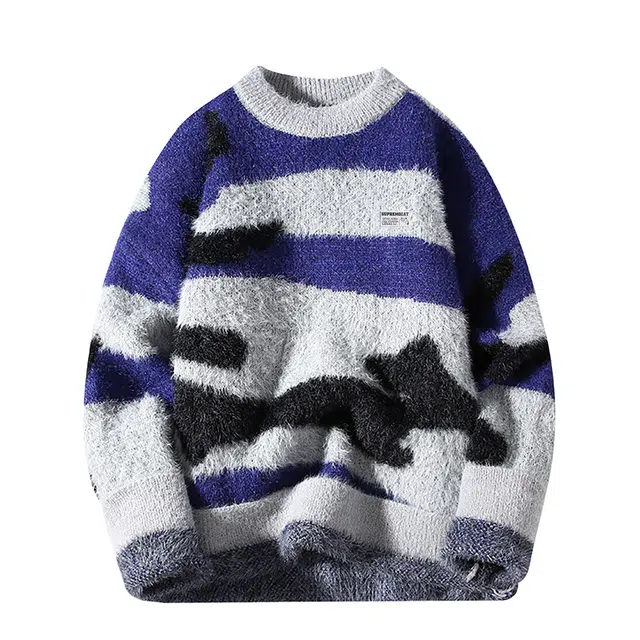 吾皇猫 美式潮牌仿貂绒撞色不规则条纹设计慵懒软糯宽松百搭一体绒舒适加厚保暖亲肤打底毛衣 男女同款