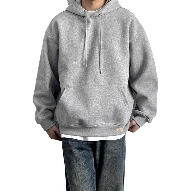 北欧攻略 美式基础款简约高街纯色重磅宽松休闲长袖落肩套头连帽卫衣 男女同款