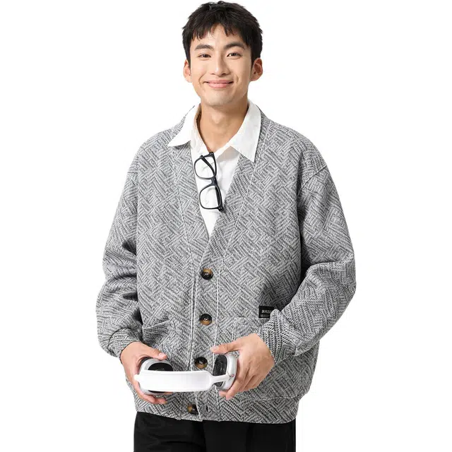 米素力 提花宽松休闲条纹落肩袖开衫卫衣 男女同款