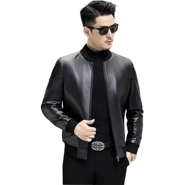 比利斯山羊 棒球领斜插袋拉链真皮皮衣 男女同款