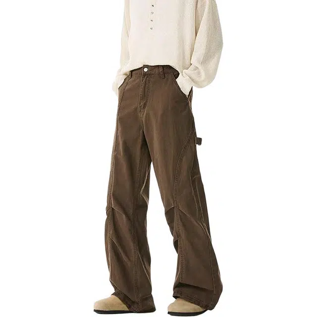 么宁 潮流时尚简约百搭褶皱感宽松直筒裤纯色舒适透气个性痞帅阔腿休闲裤 男女同款