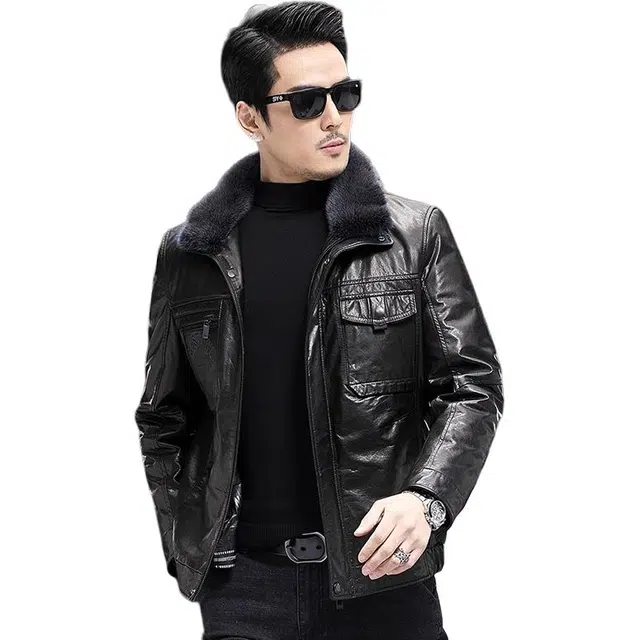 比利斯山羊 水貂毛领白鸭绒油蜡牛真皮皮衣 男女同款