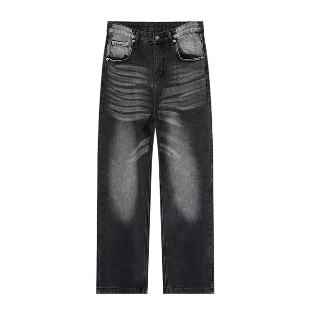 希越 美式复古春秋季宽松阔腿直筒水洗做旧牛仔裤 男款