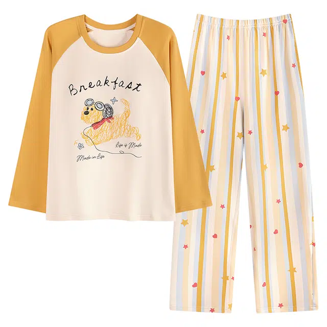 莫代尔 慵懒休闲简洁圆领套头个性百搭带胸垫防凸点家居服可外穿睡衣套装 女款