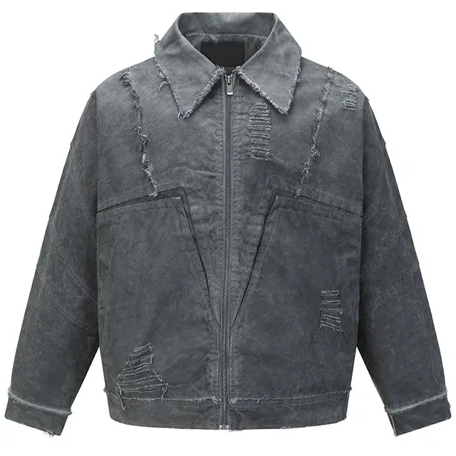 极限涡轮 美式复古小众废土风解构设计感做旧毛边感翻领宽松休闲夹克 男女同款