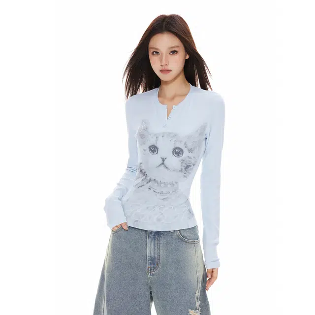 APEA Cat Print Henley Top