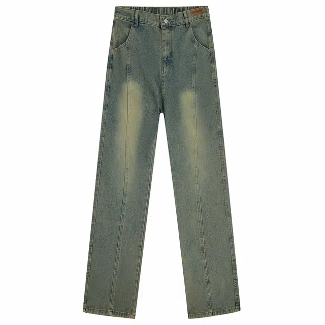 普鲁士多特蒙德 美式高街品牌字母烫标水洗做旧垂感立体多线条切割柔软休闲宽松百搭中腰日常直筒微喇牛仔裤 男女同款